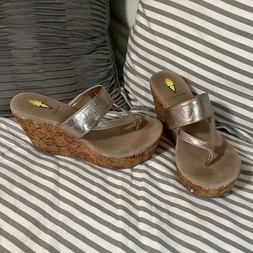 Volatile Gold Leather Flip Flop Wedge, Cork Sole